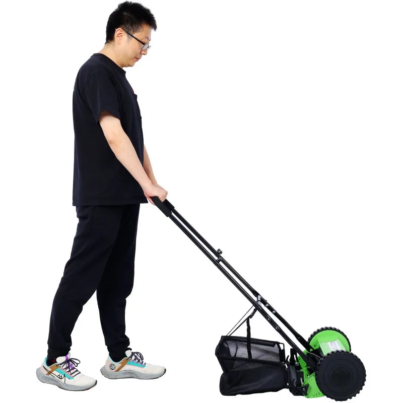 14 Inch Push Reel Lawn Mower – 5 Alloy Steel Blades, Adjustable Height, Grass Catcher (Green)