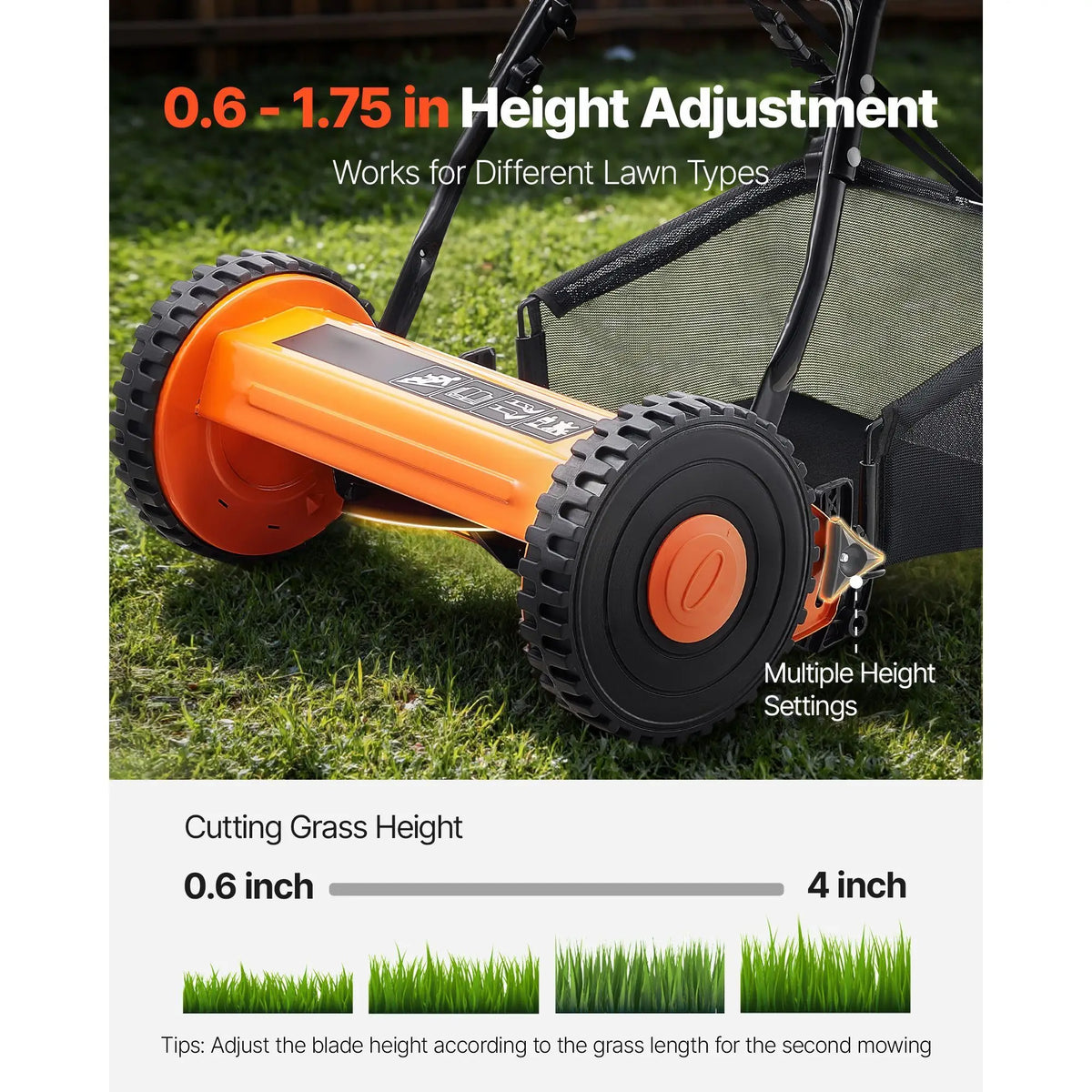 14 Inch Manual Push Reel Lawn Mower – 5-Blade Cutting System, Adjustable Height