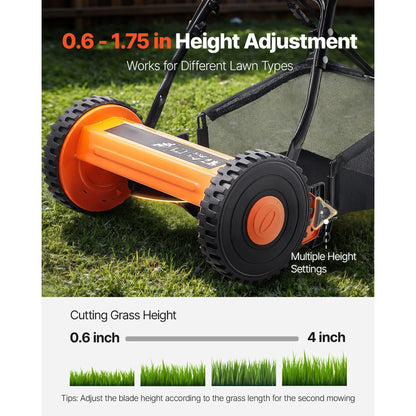 14 Inch Manual Push Reel Lawn Mower – 5-Blade Cutting System, Adjustable Height