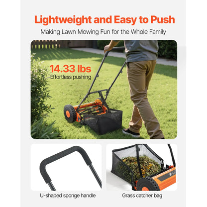 14 Inch Manual Push Reel Lawn Mower – 5-Blade Cutting System, Adjustable Height