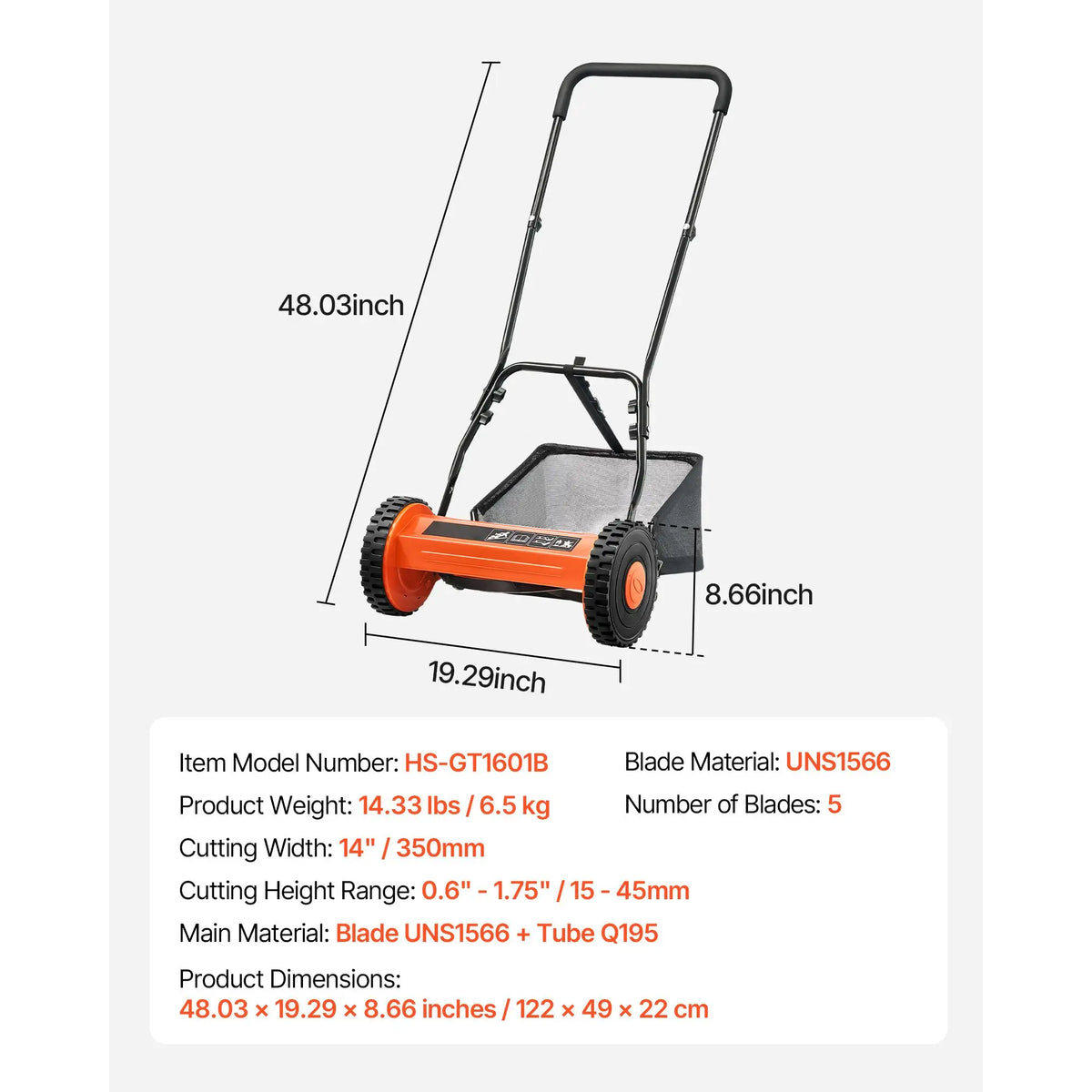 14 Inch Manual Push Reel Lawn Mower – 5-Blade Cutting System, Adjustable Height