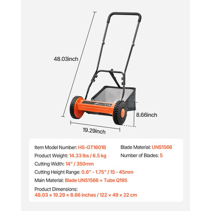 14 Inch Manual Push Reel Lawn Mower – 5-Blade Cutting System, Adjustable Height